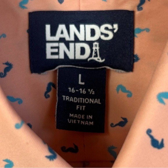 Lands’ End Men’s LARGE Traditional Fit Novelty Print Button Down Shirt Seahorses - Picture 5 of 9